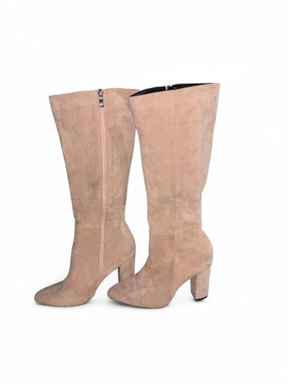 Suede Knee-High Block Heel Boots in Taupe